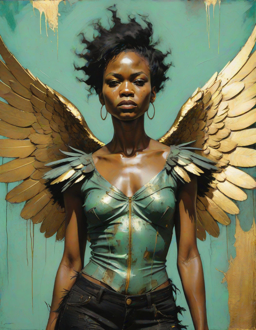 A Powerful Black Goddess Rises in Splendid Verdigris and Gol...