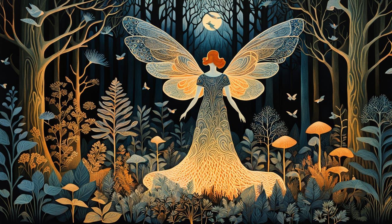 Surreal Goddess Rises from Forest in Iridescent Wings