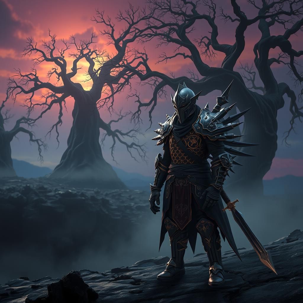 Armored Warrior in Mystical Fantasy Landscape