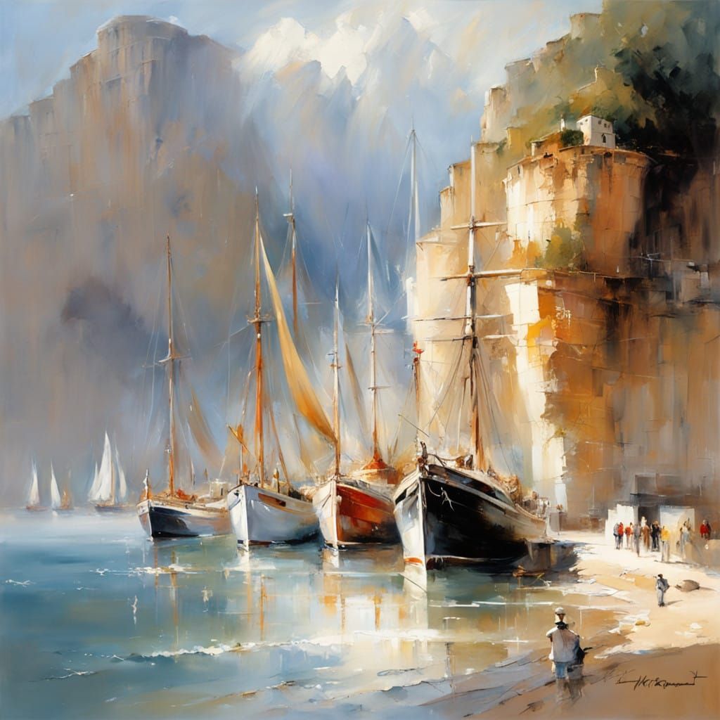 Sailing Ships in a Summer Harbor Scene
