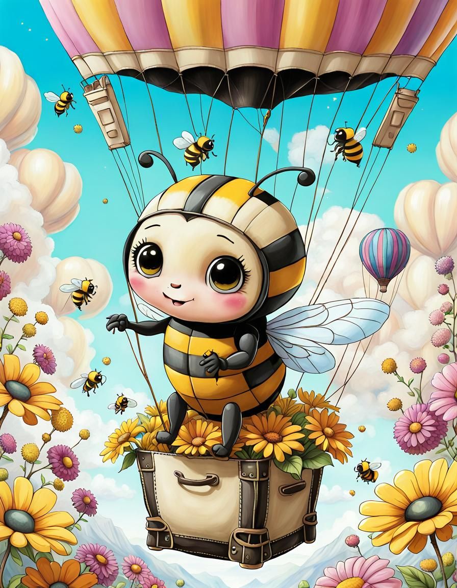 Kawaii Bee Rides Hot Air Balloon, Pollinating Flowers