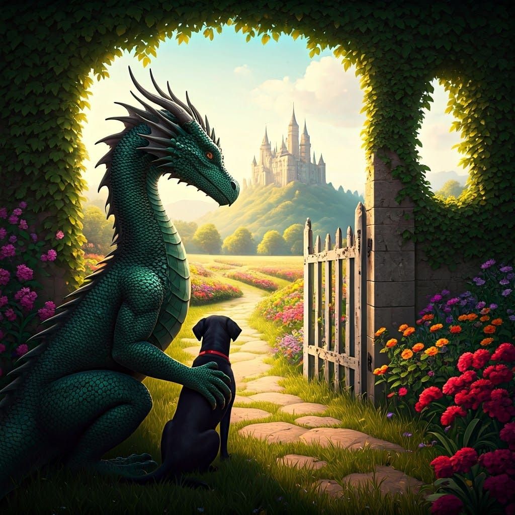 Majestic Dragon and Black Lab Bask in Enchanting Garden Scen...