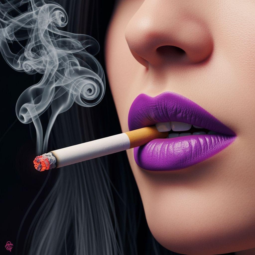 Woman's Purple Lips Smoking: Hyperrealistic Digital Illustra...