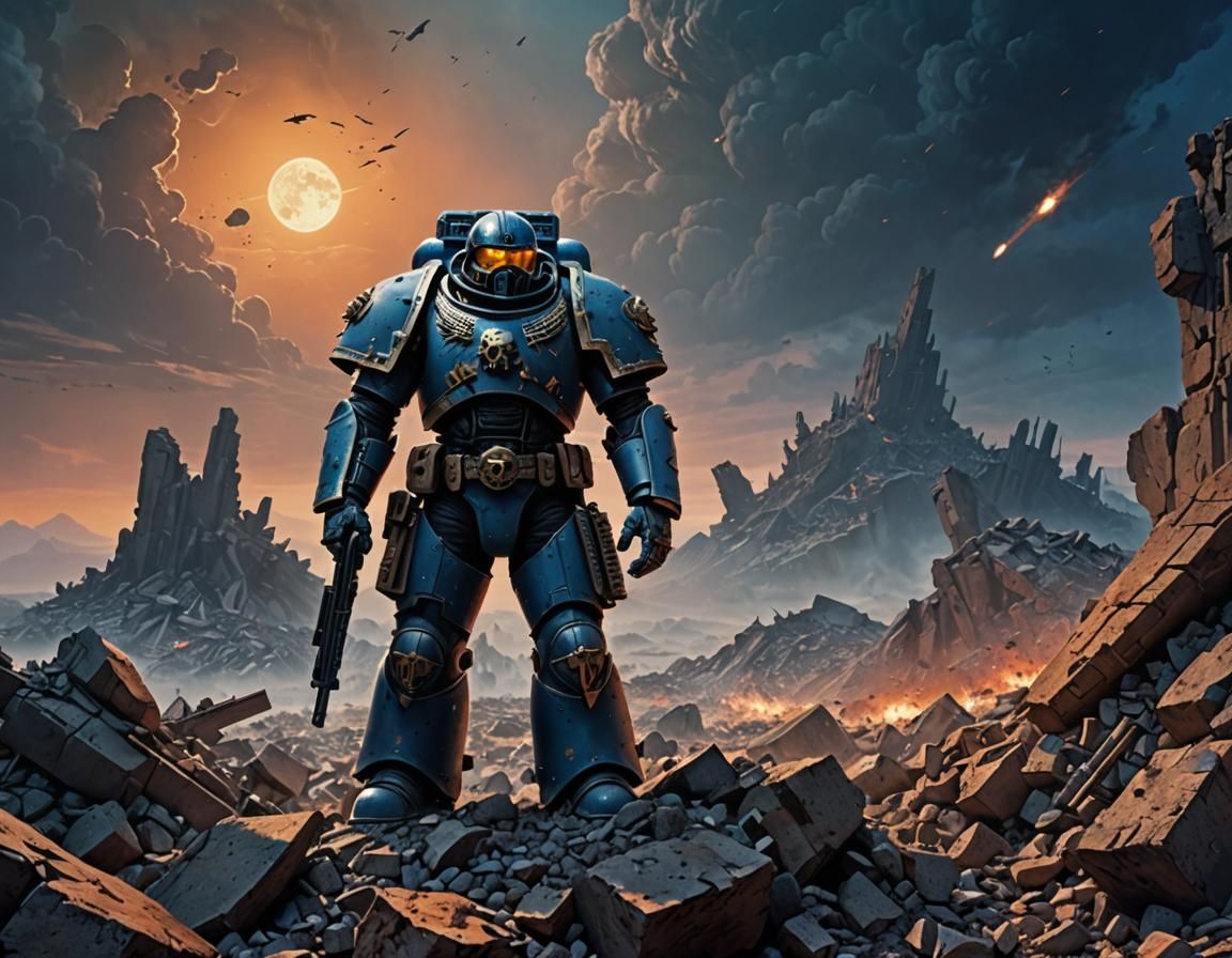 Space Marine Surveys a Destroyed World in Sci-Fi Art