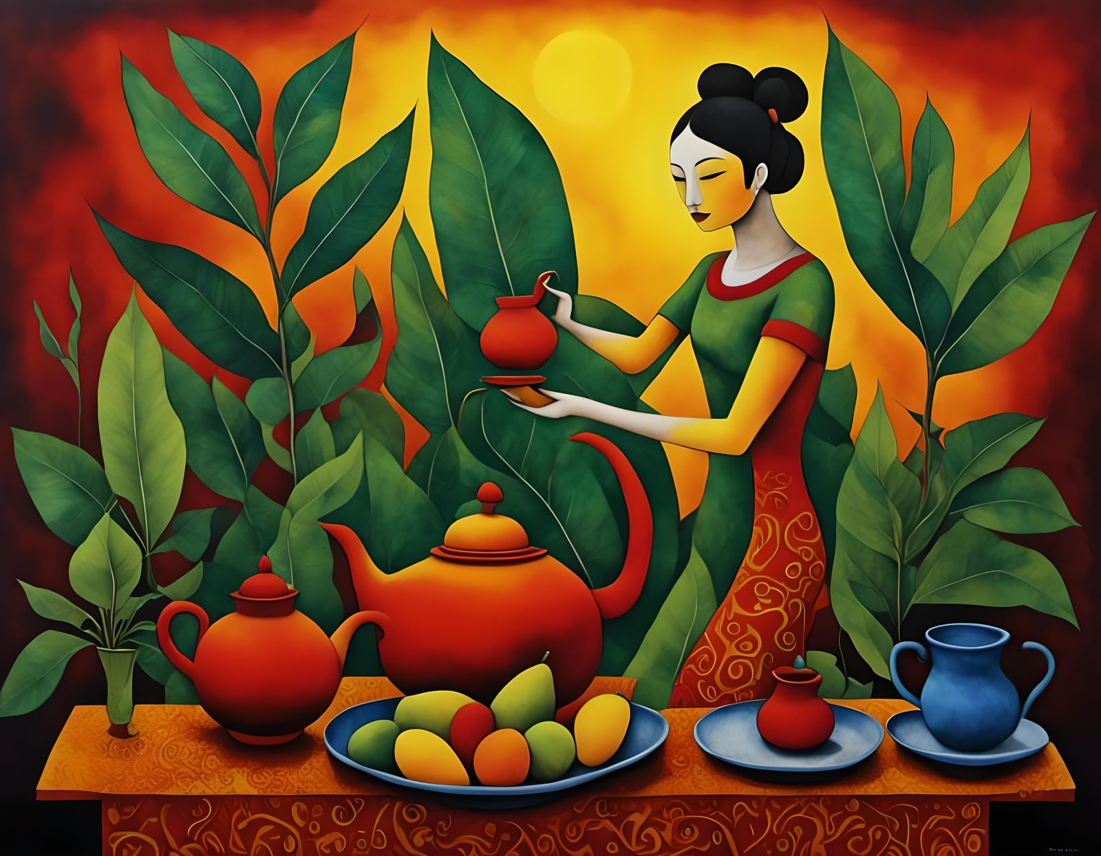 Balinese Dancer Triptych in Woodcut Print Style