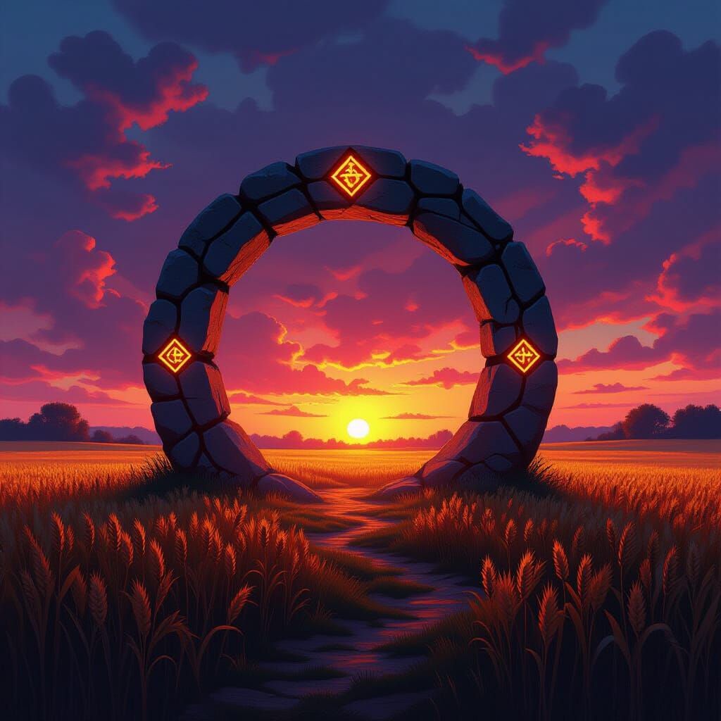 A mystical, ancient stone circle stands silhouetted against ...