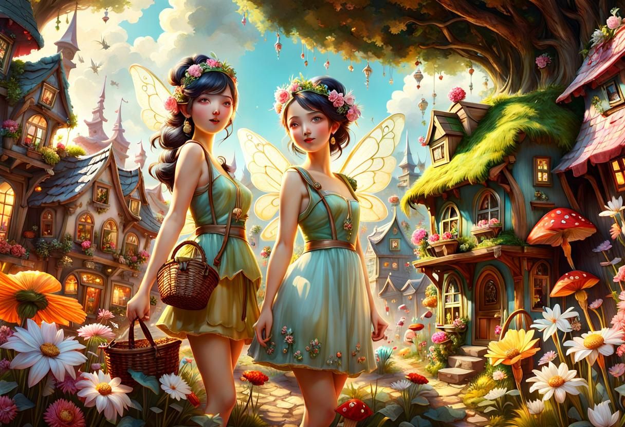 Charming Fairy Family in Hyperdetailed Village, Photorealist...