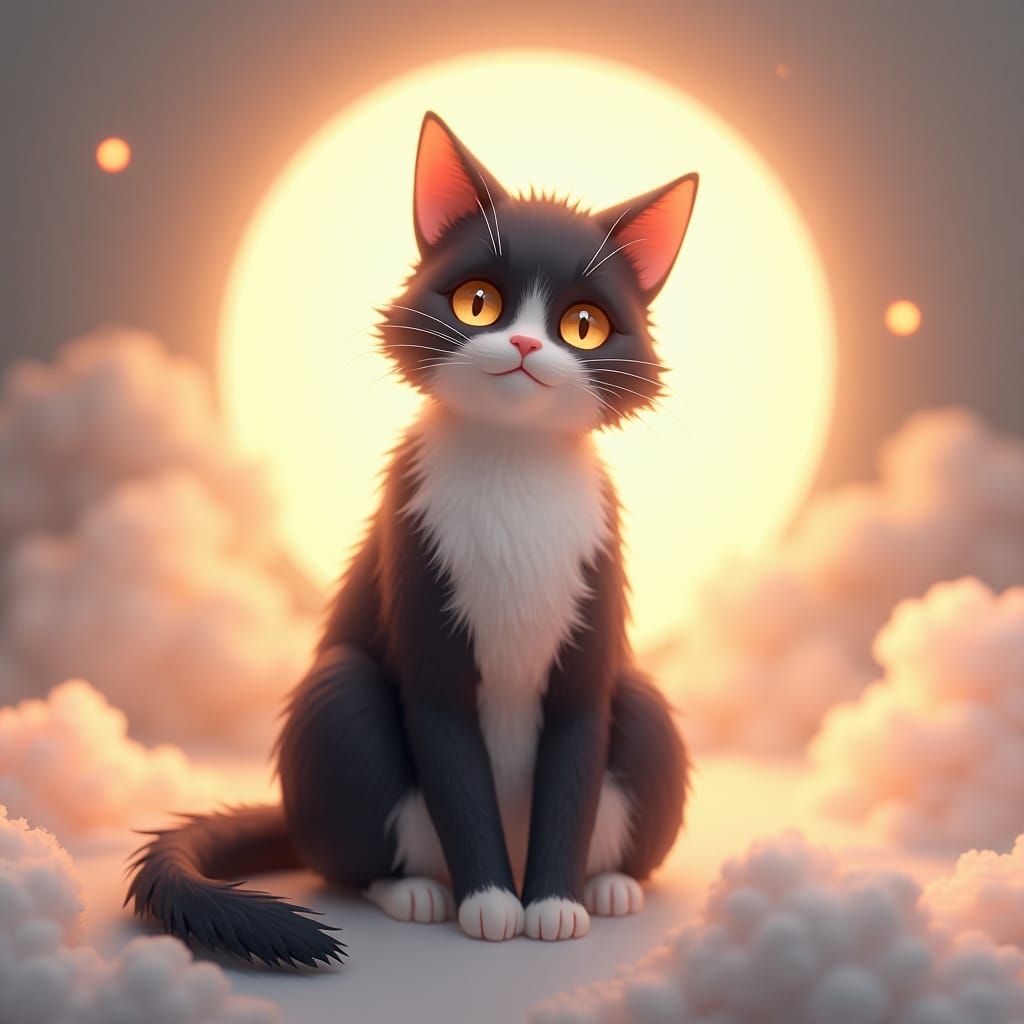 Ethereal Black and White Cat in Anime Style