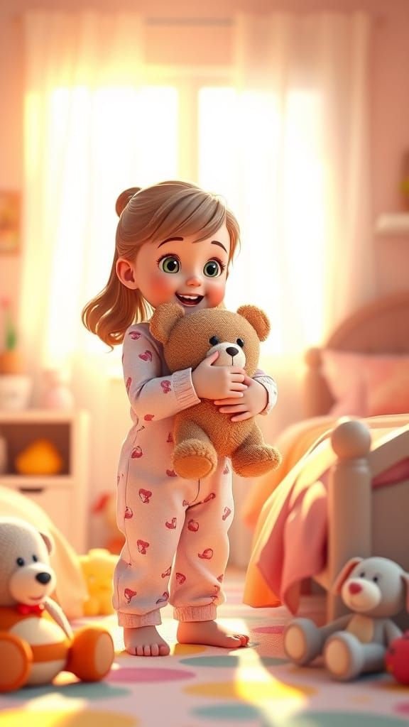 Girl Hugging Teddy Bear in Sunlit Room
