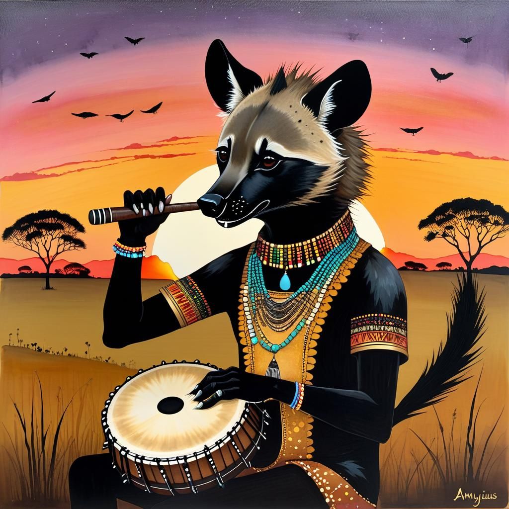 Hyena Playing Djembe in African Sunset