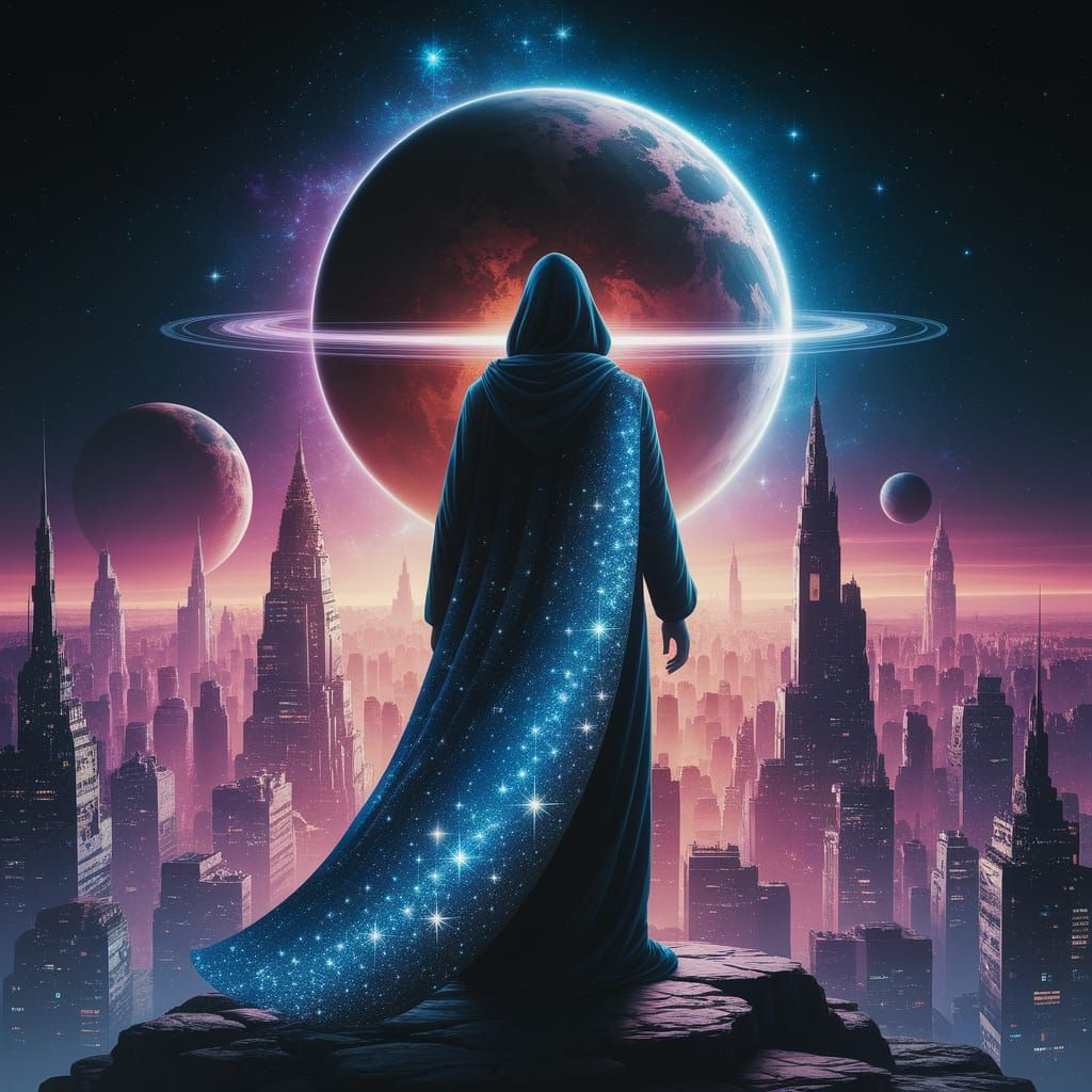 Hooded Figure Overlooking Cosmic Metropolis