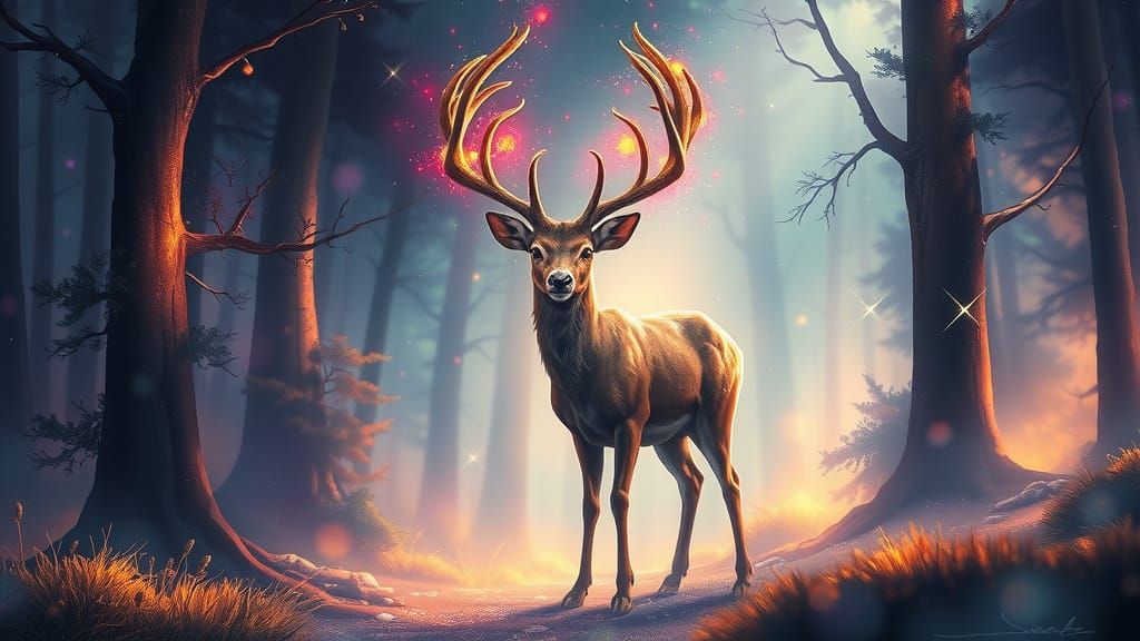 Ethereal Deer in Enchanted Forest, Acid Ink Style