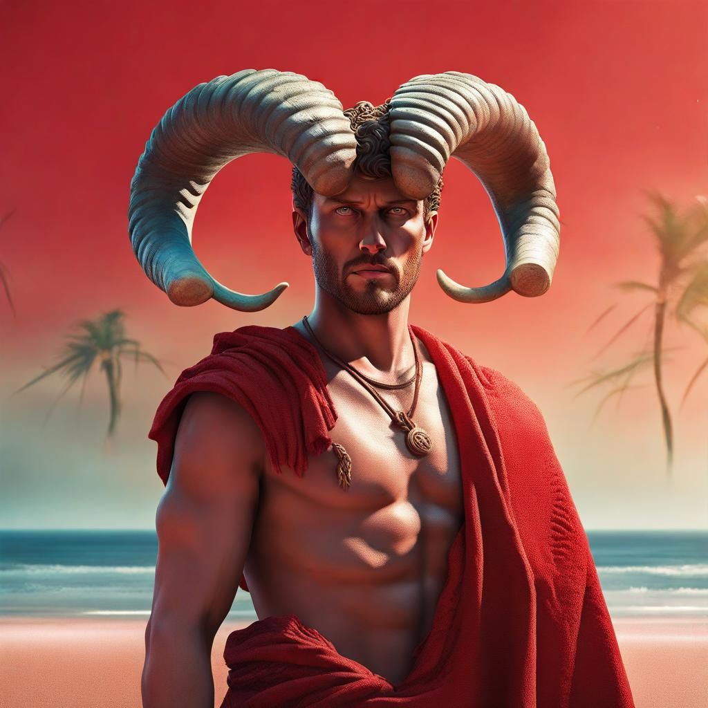Roman Man with Ram Horns on Beach: Splash Art