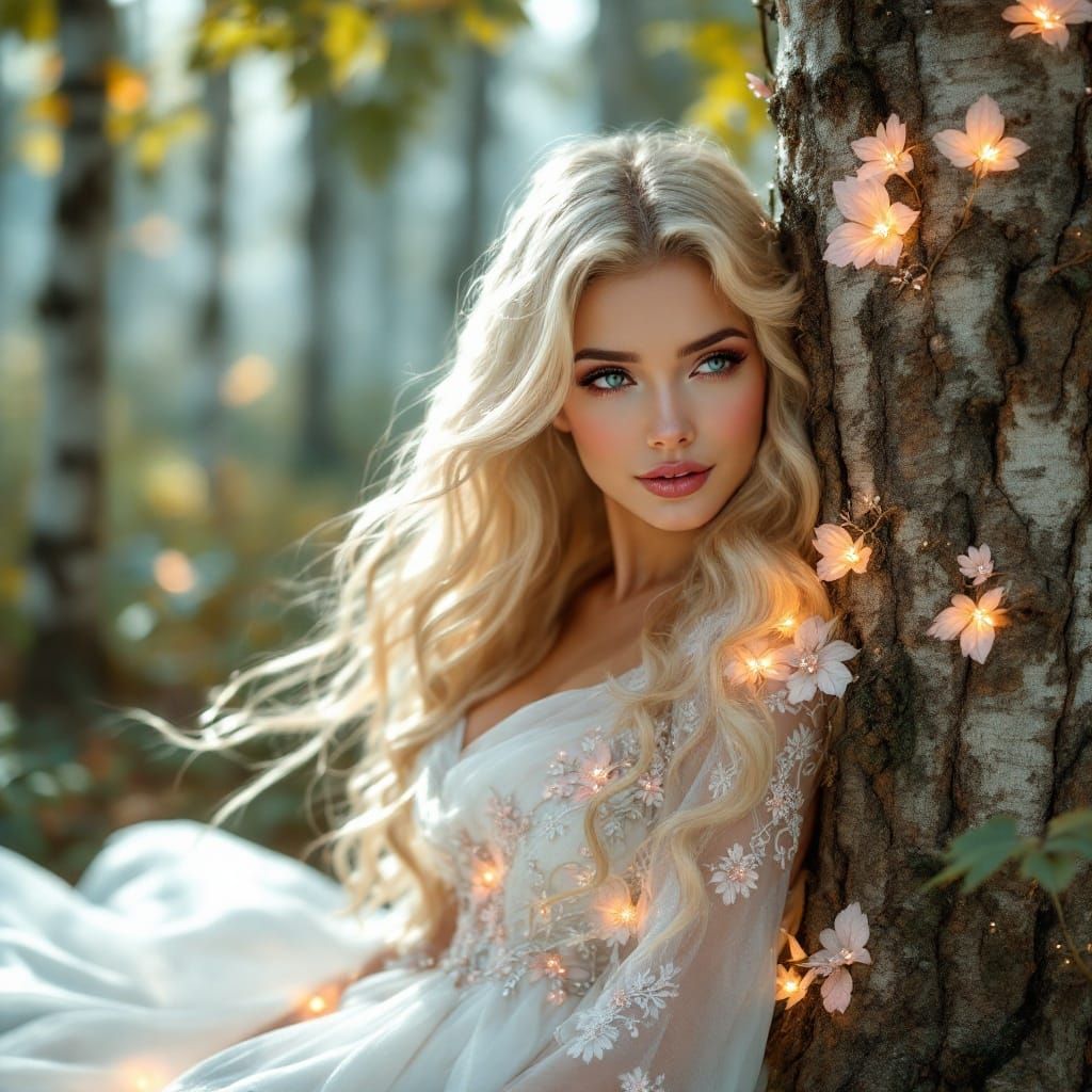 Ethereal Bimbo Druid Emerges from Majestic Birch Tree