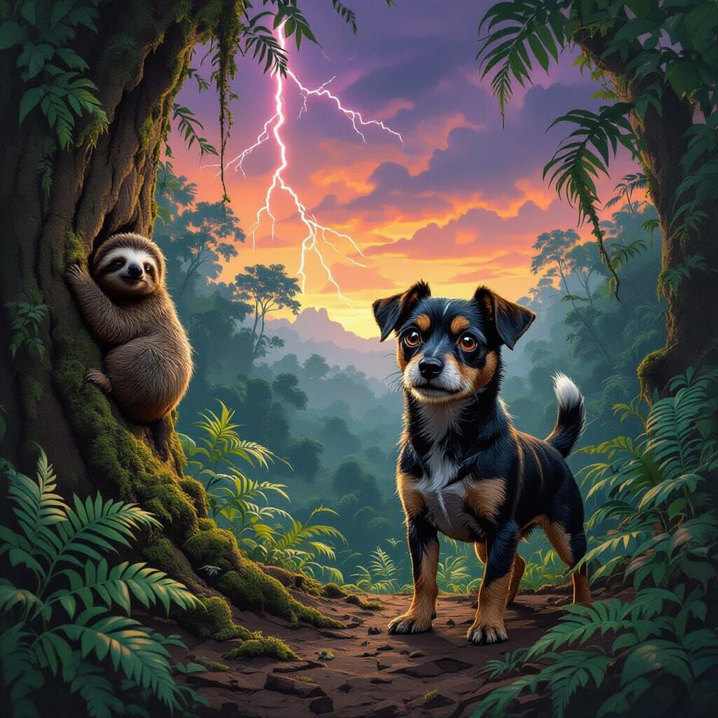 Alert Terrier in Rainforest with Approaching Volcanic Tremor...