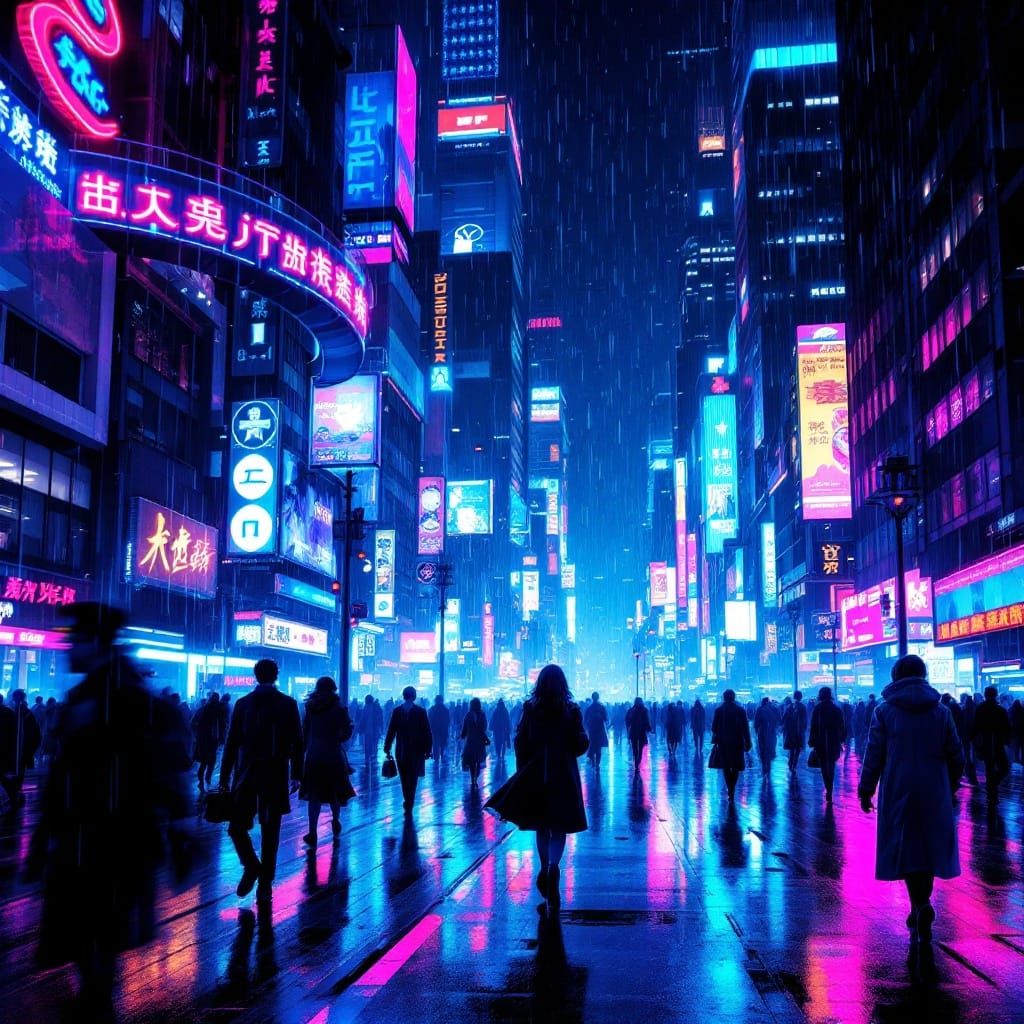 Cyberpunk Cityscape at Night in Bioluminescent Color