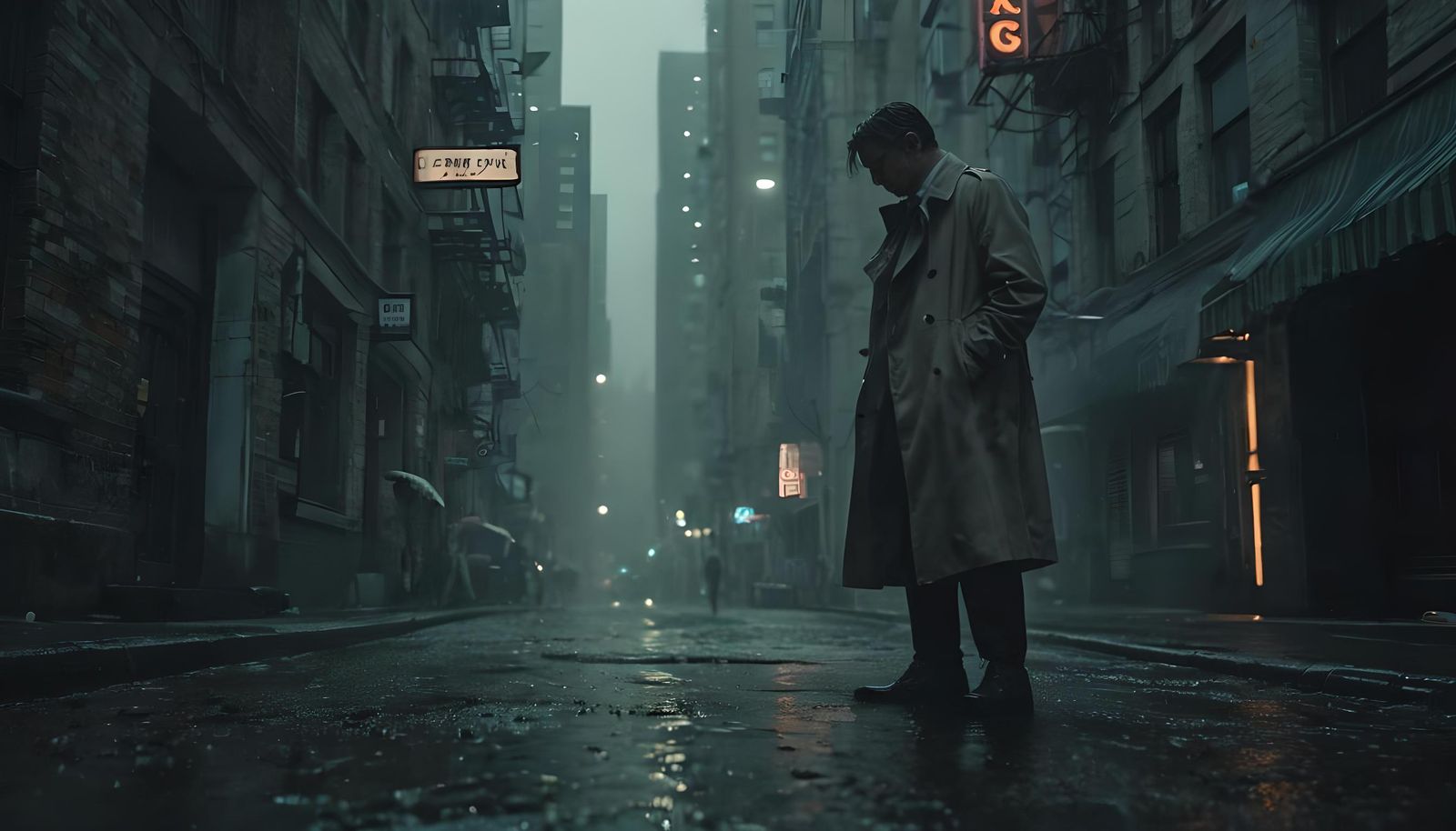 Man in Trenchcoat: Cinematic Alley Scene
