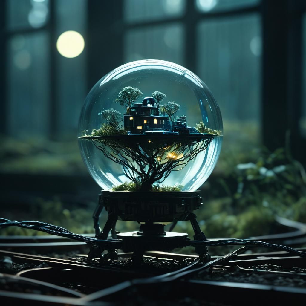 Glass Orb Robot Head with Ecosystem: Cinematic Still