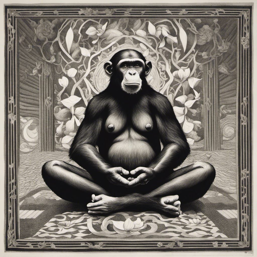Meditating Chimpanzee in Escher-Style Lithograph