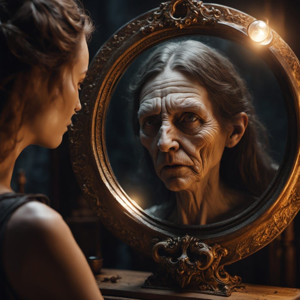 Eerie Reflection: Young Woman and Witch in Mirror