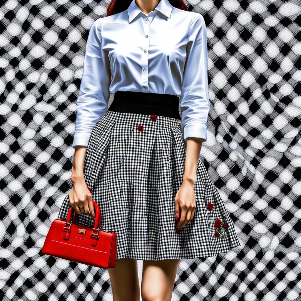 Gingham Skirt with Cross-Stitch Flowers in Van Gogh Style