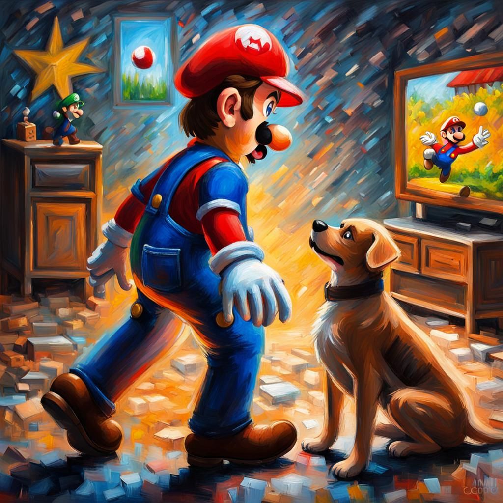 Gamer's World: Expressionist Oil Painting of Super Mario Bro...