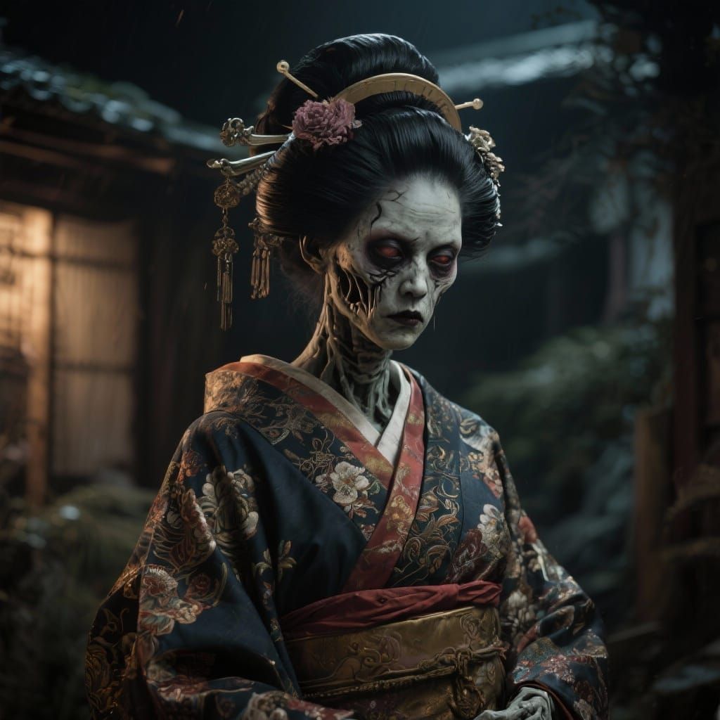 Undead Geisha Portrait with Cinematic Atmosphere