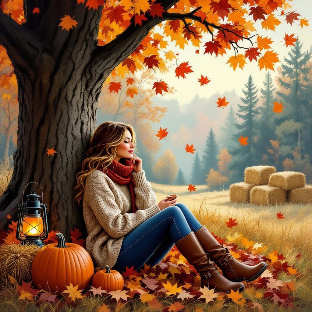 Autumn Woman in Forest Landscape Painting