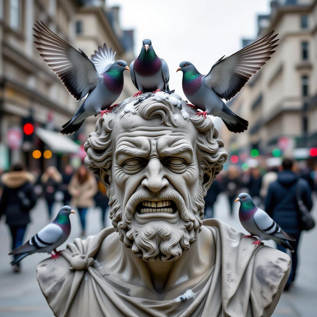Comedic Stone Statue Attacked by Smug Pigeons