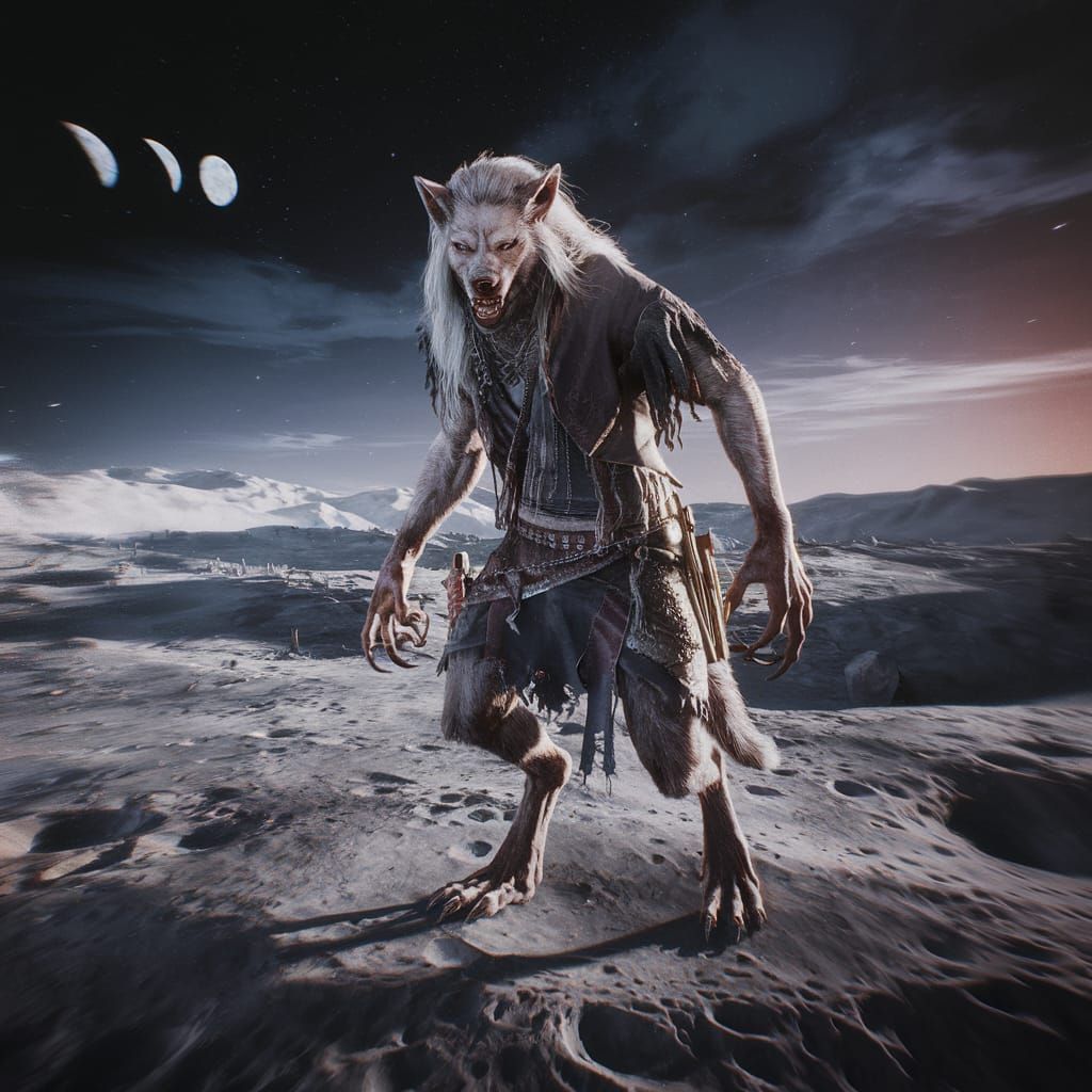 Hyperrealistic Cowboy-Werewolf on Moonscape