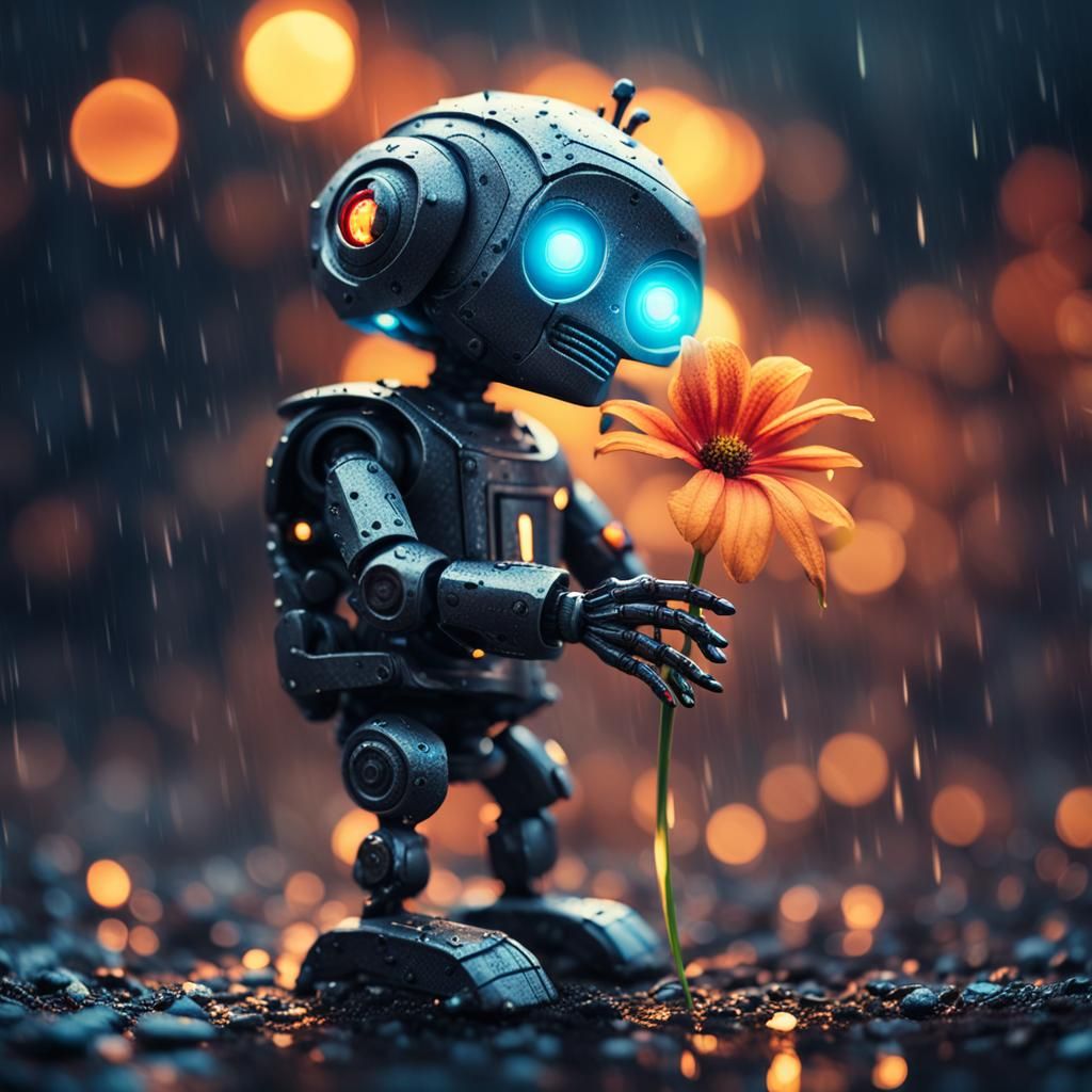 Sad Robot with Glowing Flower in Apocalyptic World