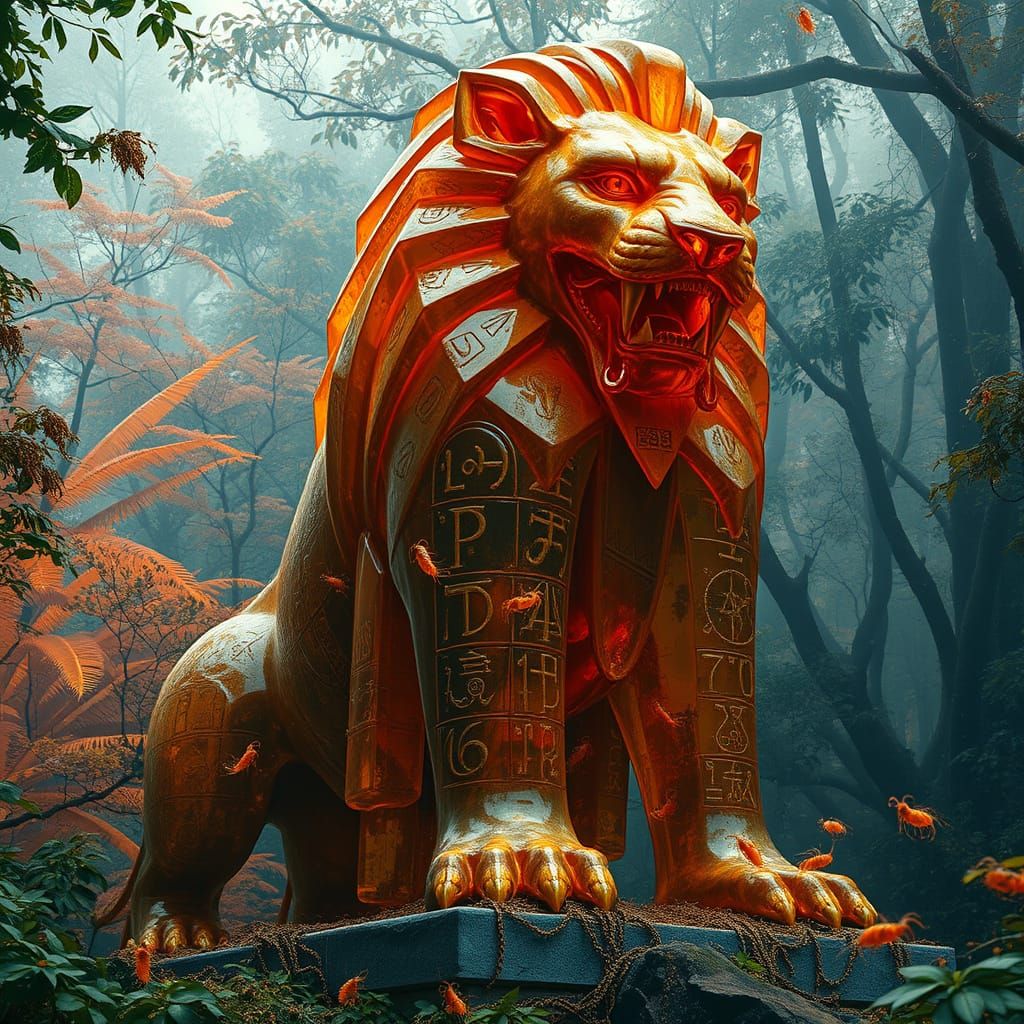 Amber Lion God Statue in Lush Jungle