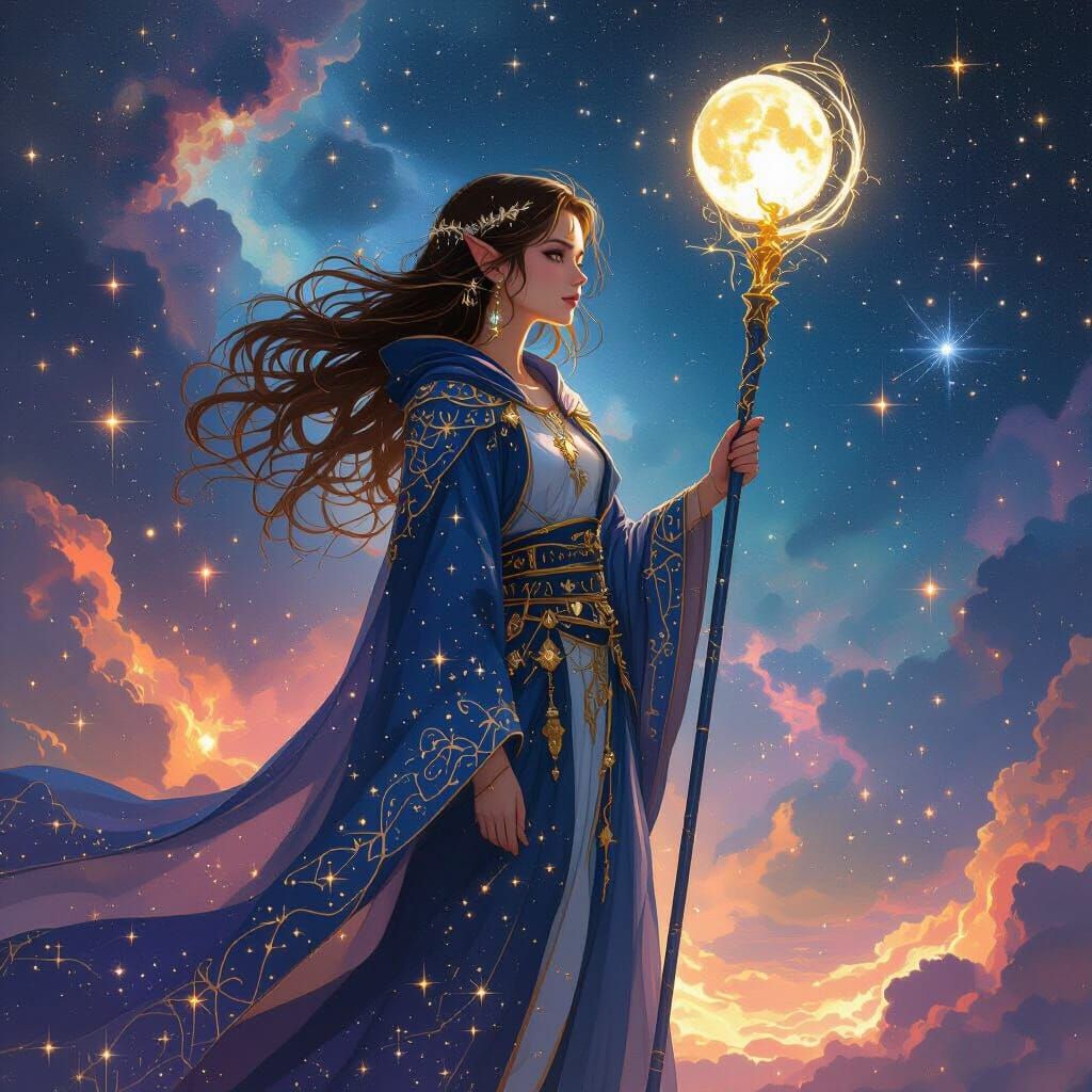 Celestial Elf Amidst Nebula in Ethereal Style