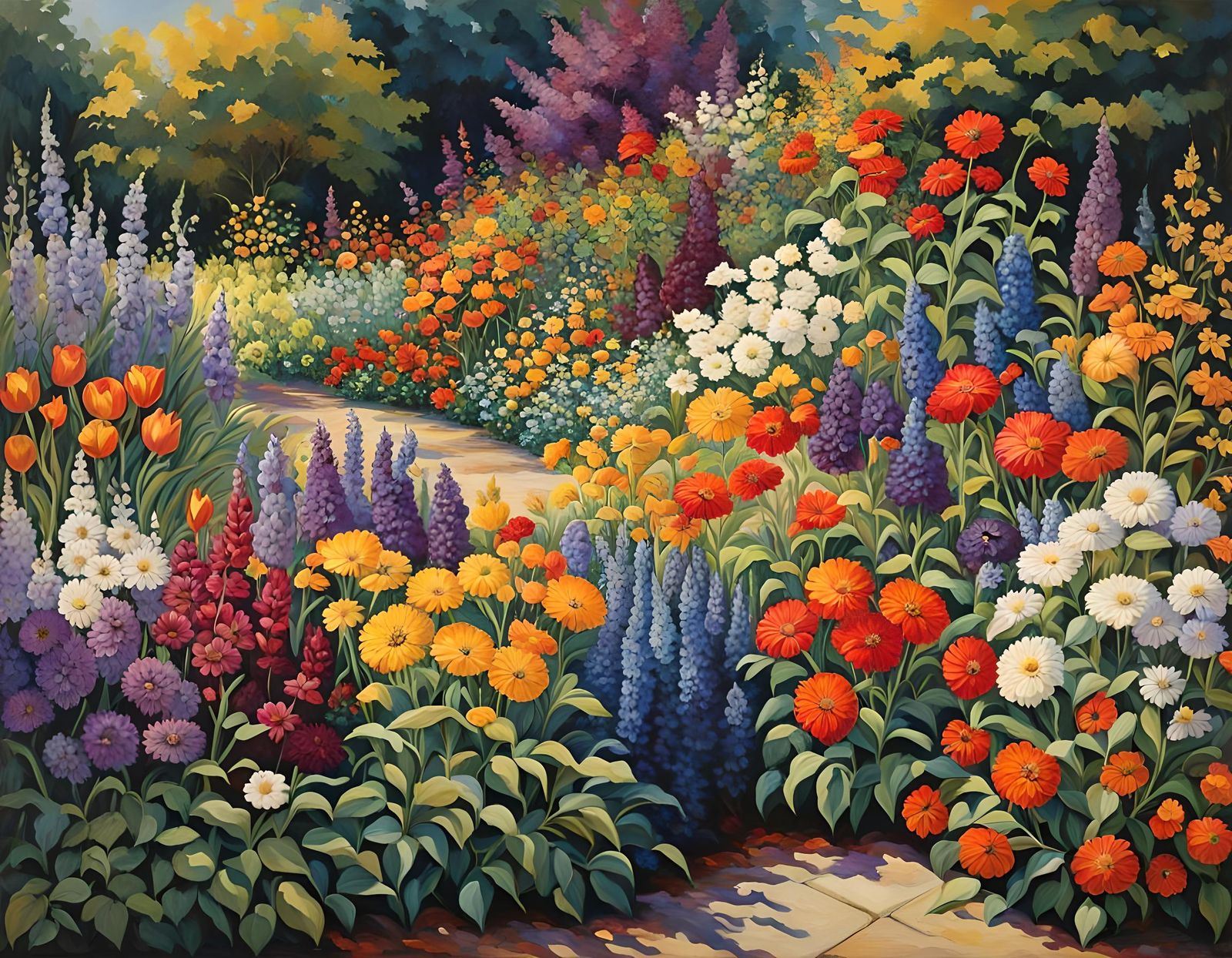 Colourful Sunlit Garden as Impasto Painting