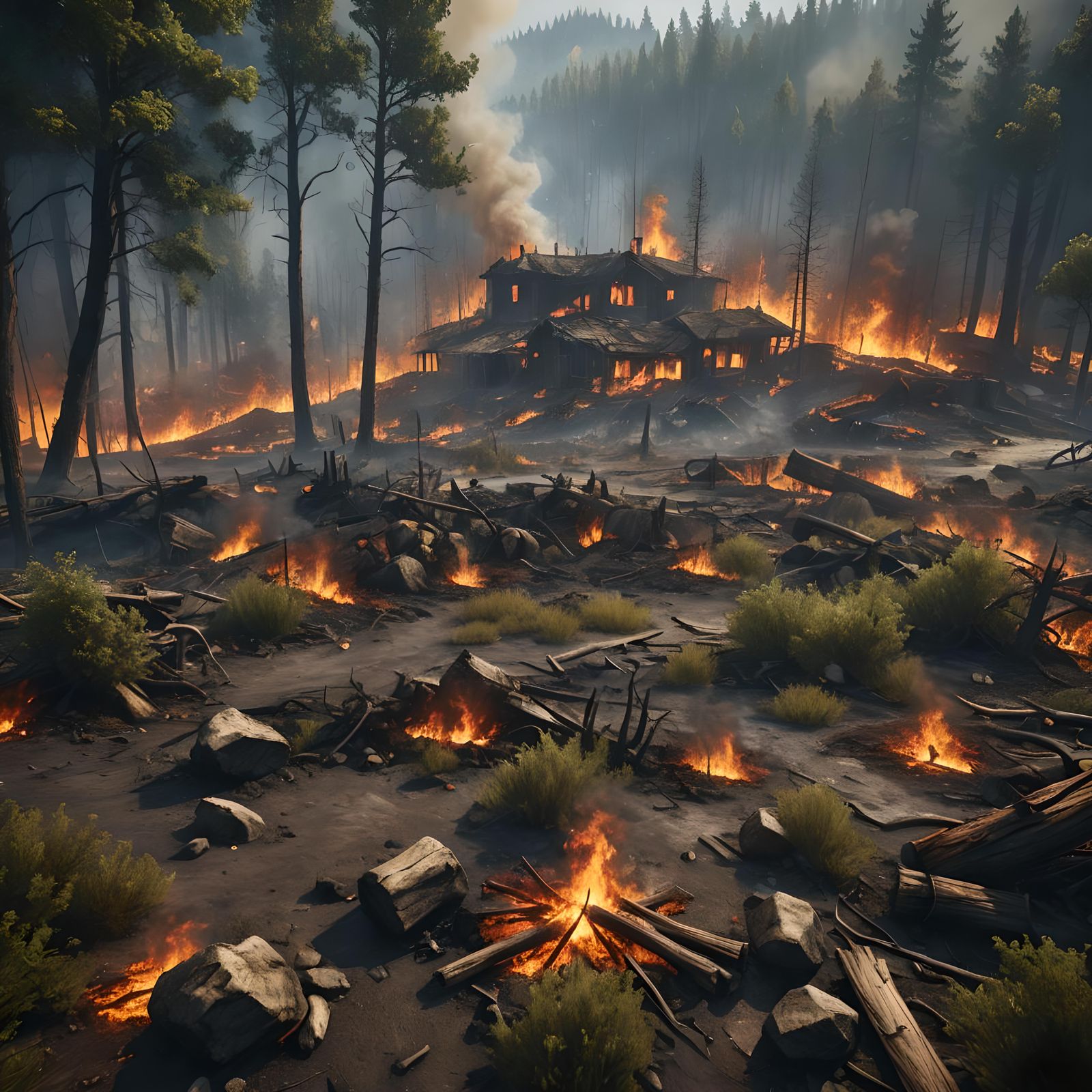 Forest Fire Consumes Town: Photorealistic Matte Painting