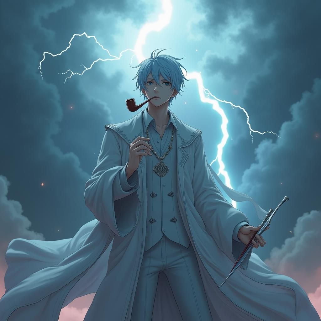 Serene Man Smoking Amidst Turbulent Storm in 3D Anime Style
