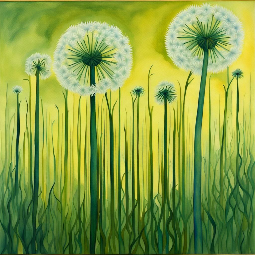 Surreal Tall Dandelions Folk Art on Canvas