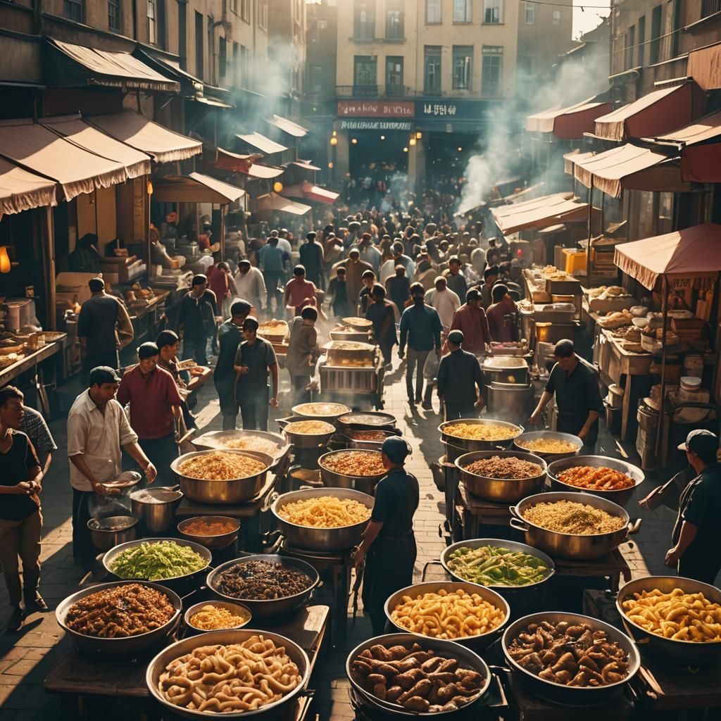 Lively Market Street Food Vendors in Cinematic Lighting