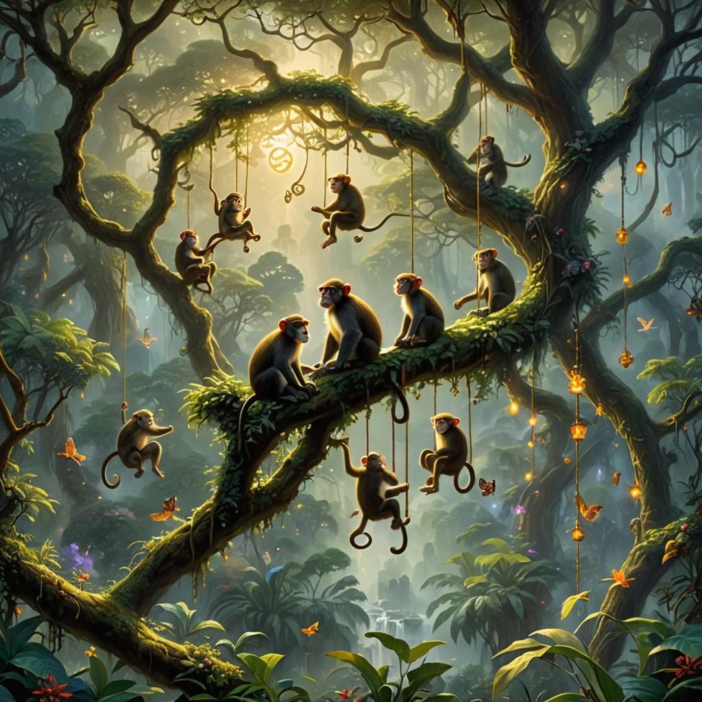 Jungle Monkeys with Reiki Symbols in Ethereal Style
