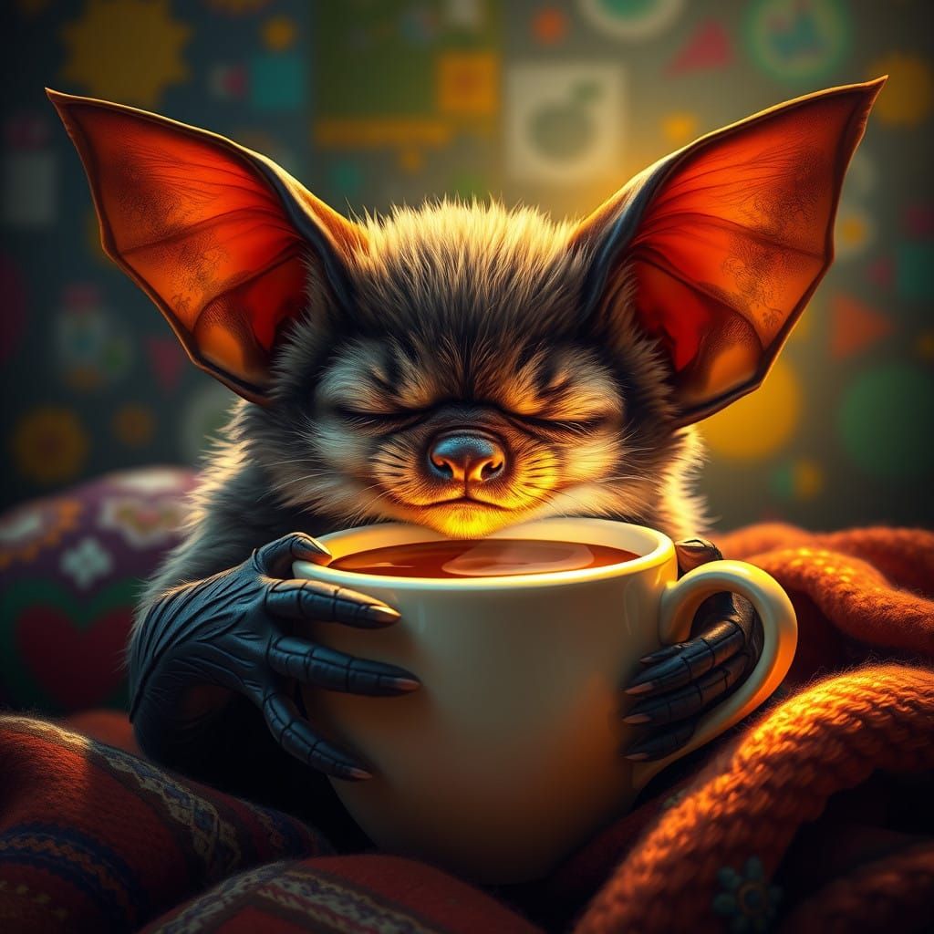 A Wakeful Bat Sips Coffee in a Cozy, Golden Ambience