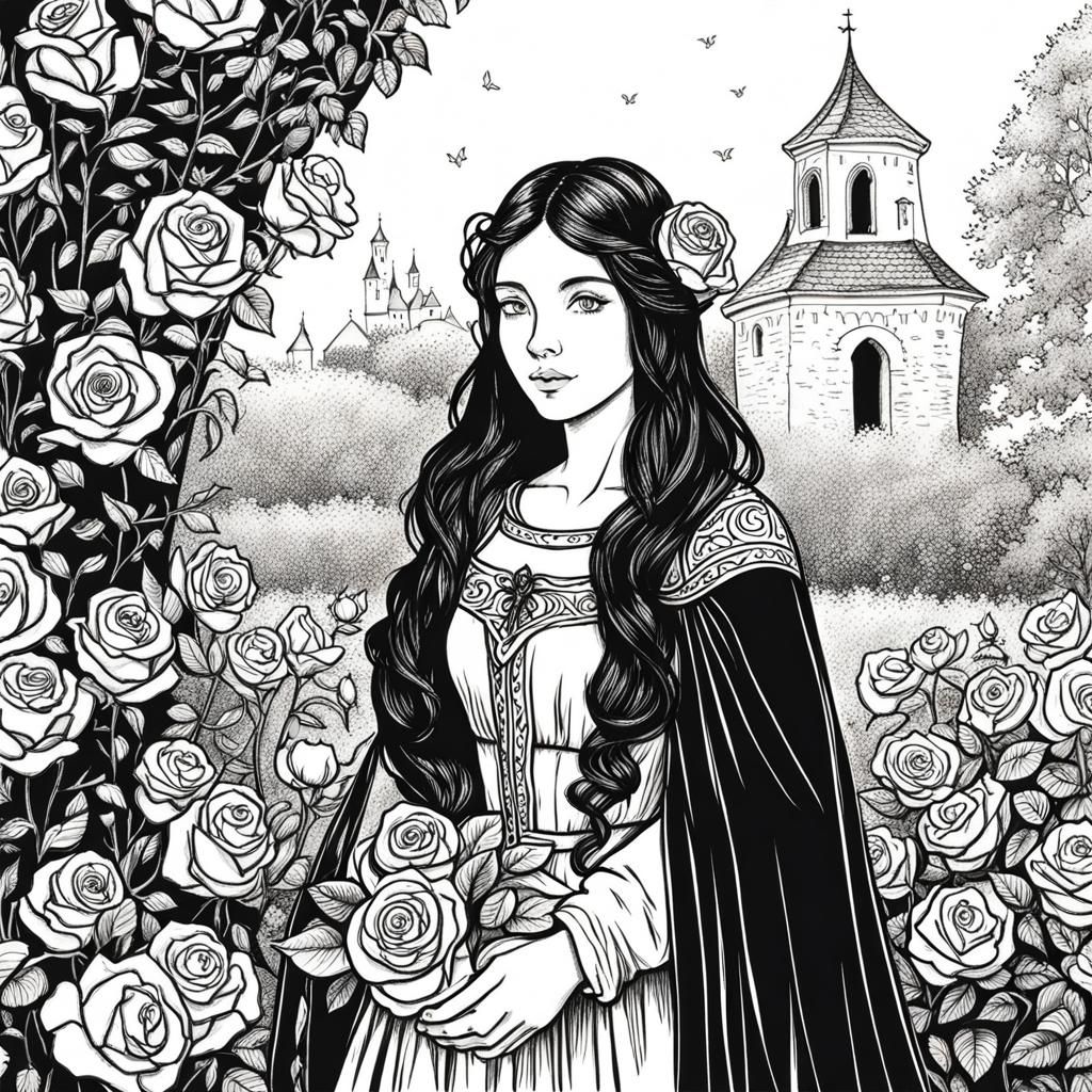 Medieval Girl in Rose Garden: Ink Illustration