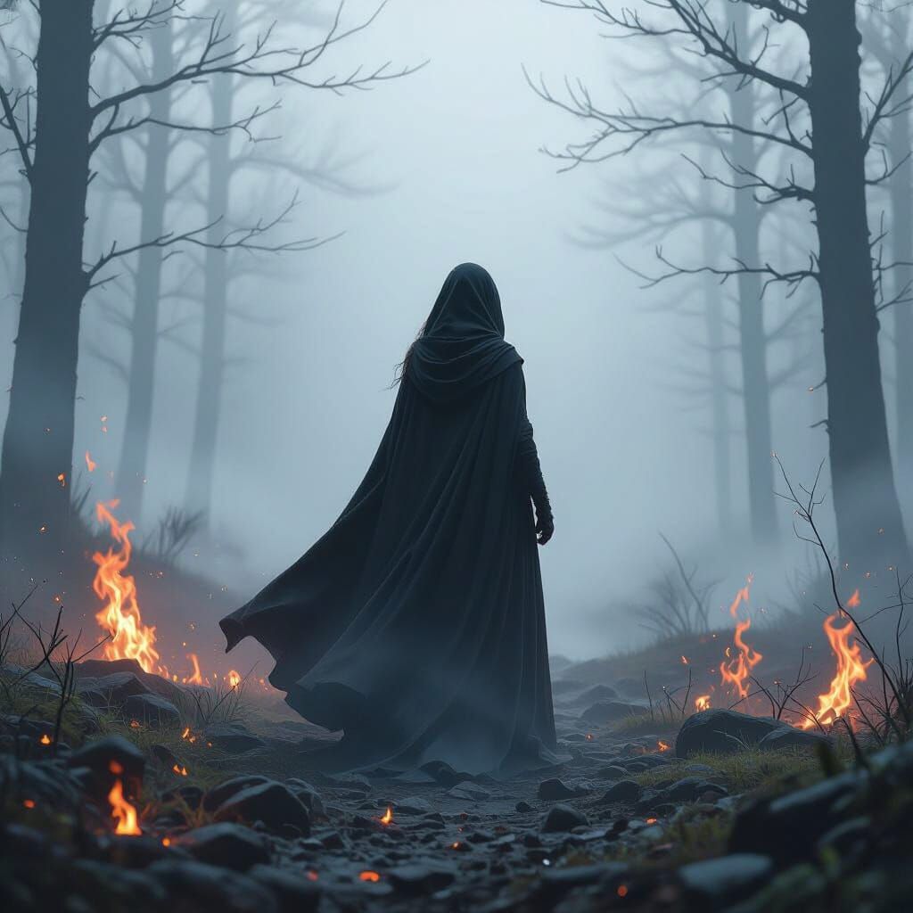 Ember Forest: Woman in Cloak, Futuristic Landscape