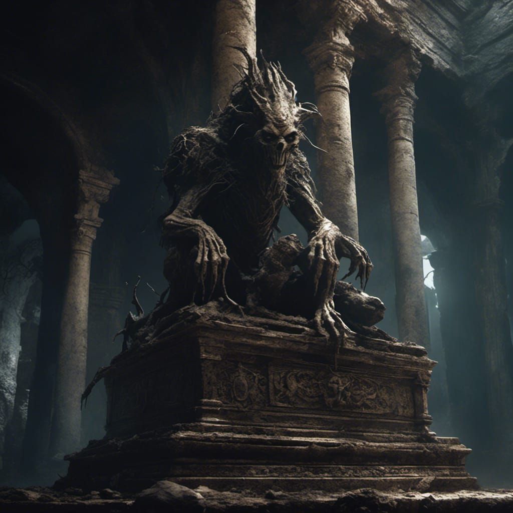 Grotesque Relic in Abandoned Temple: Dark Fantasy Art
