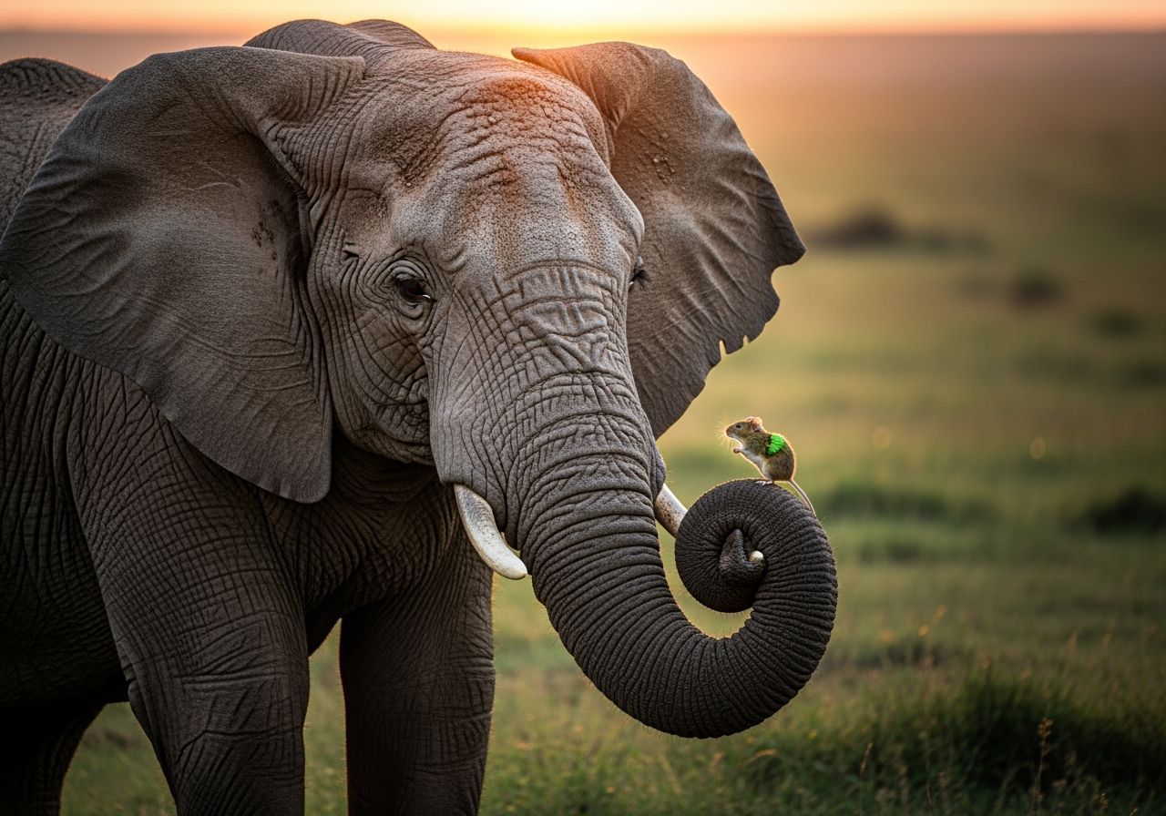 Majestic Elephant & Mouse at Sunset Savannah