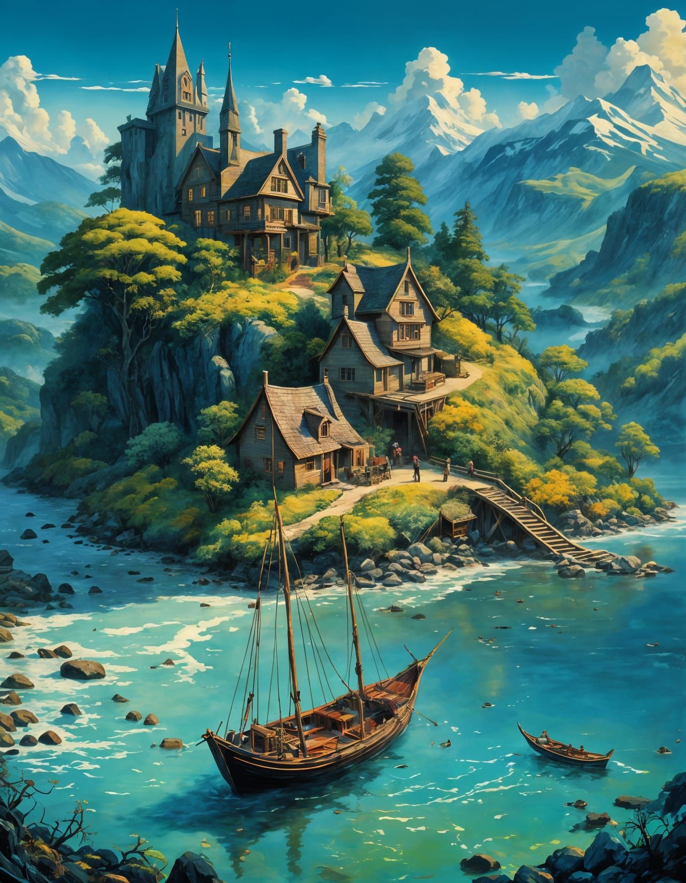 Fairytale Island Landscape, Whimsical Illustration