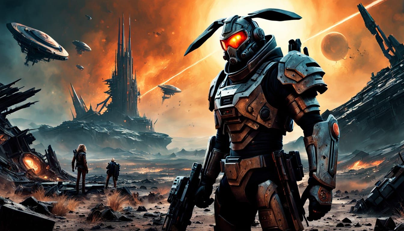 Grizzled Warrior with Cybernetics in Alien Landscape