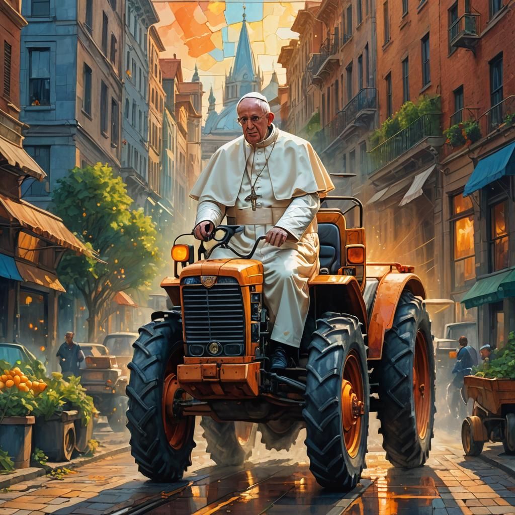 Pope Drives Tractor Through City: Oil Painting