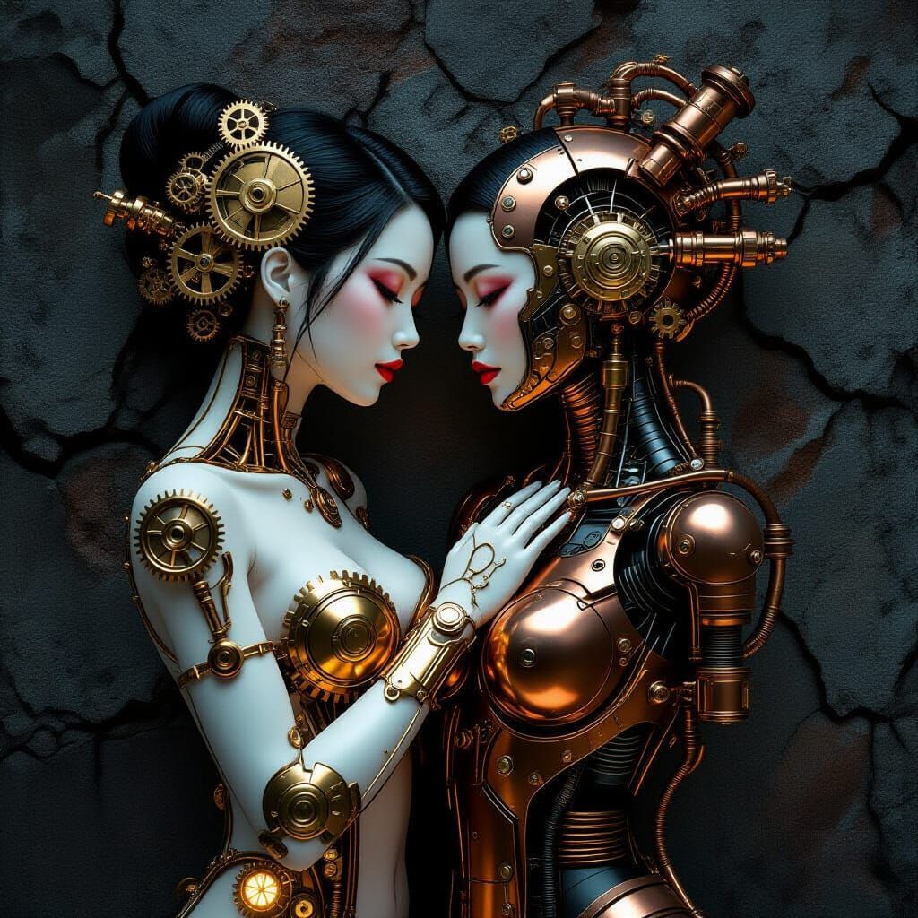 Steampunk Figures Embrace: Surreal Digital Art