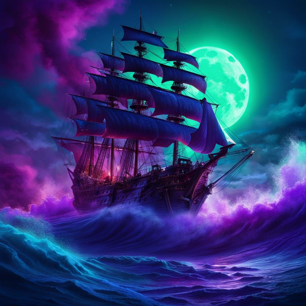 Ghostly Galleon Over Purple Waves, Detailed Matte Painting