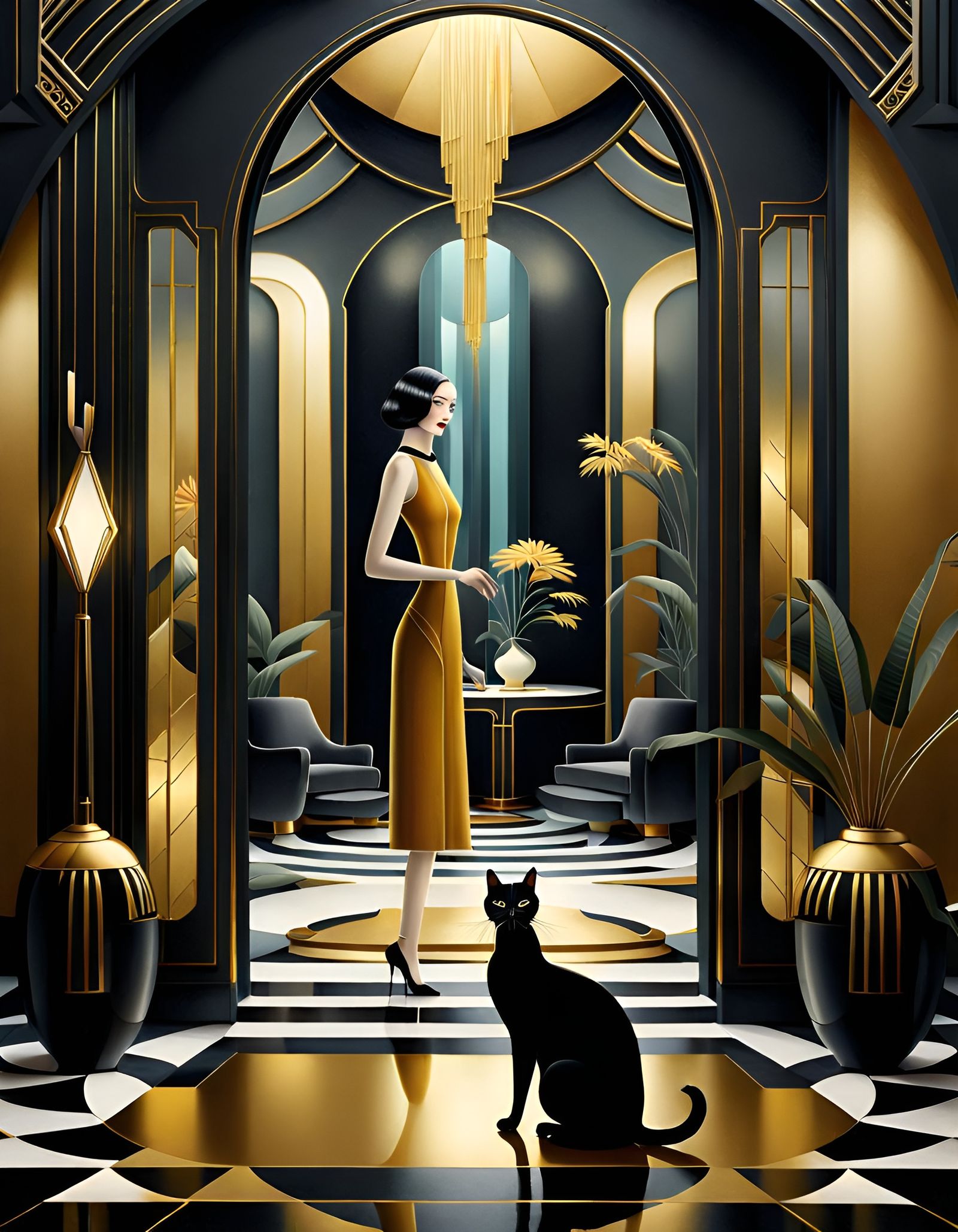 Lady and her cat in Art Deco interior